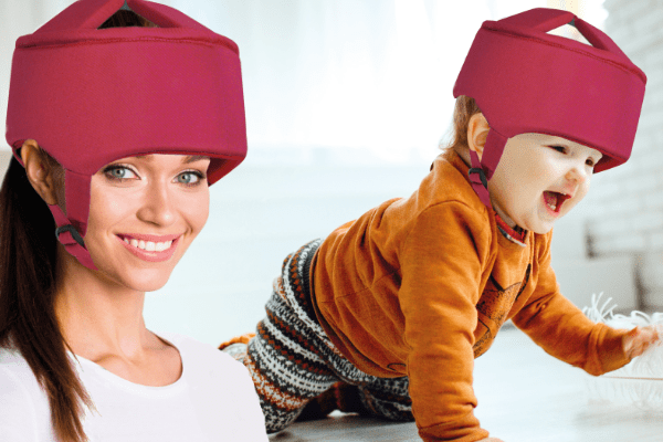 woman and child wearing special needs helmets