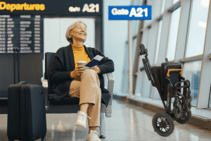 A lady sitting in the airport with her Whizzi Lite